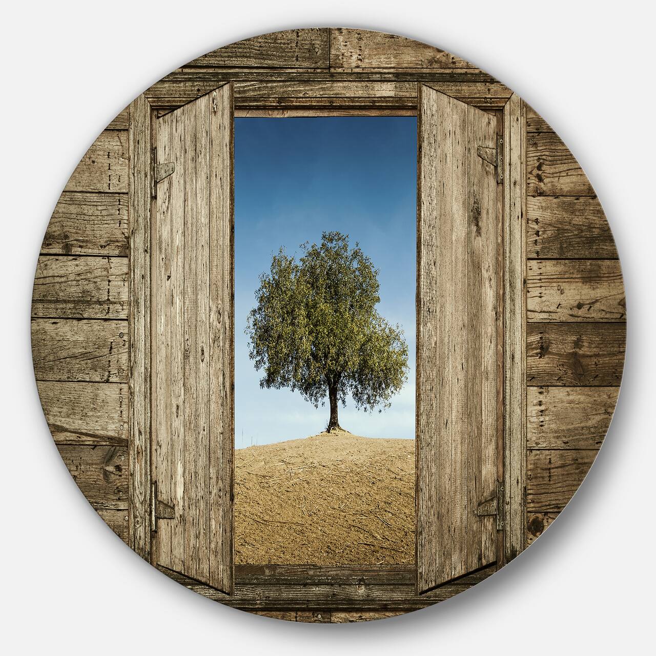 Designart - Window Open To Solitary Tree' Ultra Vibrant Landscape Metal Circle Wall Art